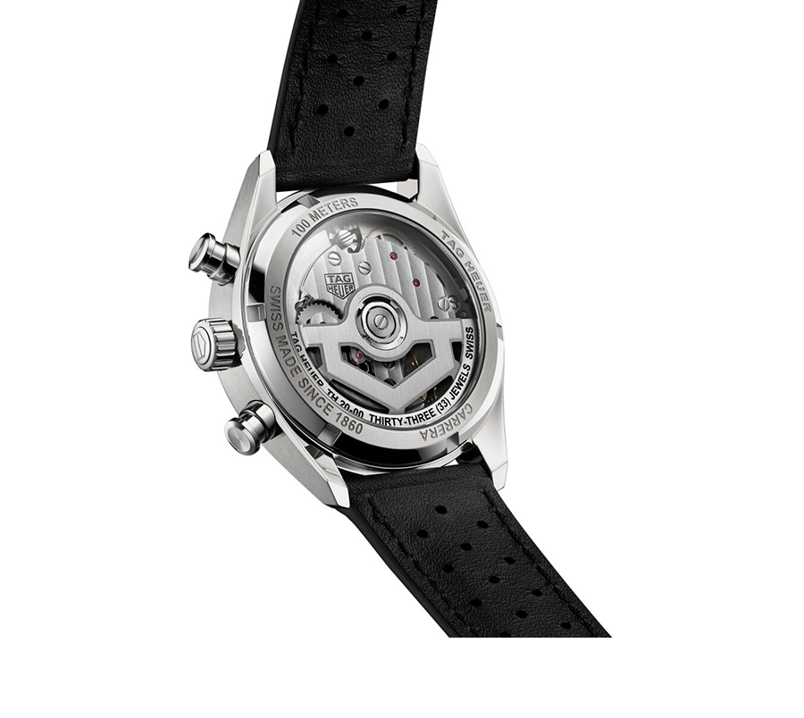 Clear Caseback on TAG Heuer Carrera Chronograph Watch with Black Dial